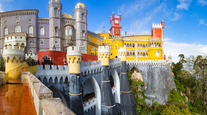 Fantastic Pena Palace on a high cliff above Sintra