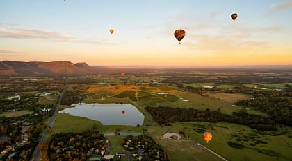 Hot air balloon over Pokolbin in Hunter Valley, Australia
