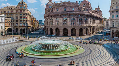 The main square, Piazza Ferrari in Genoa, connects the historic center and the more modern part of the city, Northern Italy.