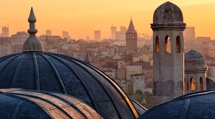 Galata Tower at sunrise is Istanbul, Turkey.