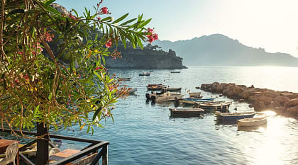 View of the bay and boats in the Conca dei Marini on the Amalfi Coast