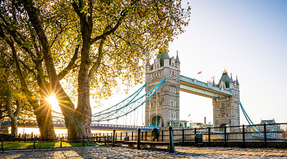 The Tower Bridge at sunrise in London