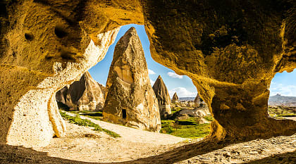Carved cave in Rose Red Valley in Cappadocia, Turkey