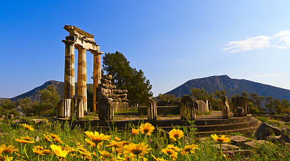Temple ruins in Delphi, Greece.