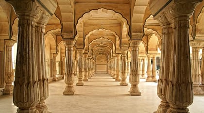 Columns and arches of Amber Fort in Jaipur, India
