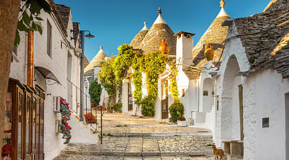 The cobblestone walkaway through the fairytale white limestone Trulli dwellings of Alberobello, Italy