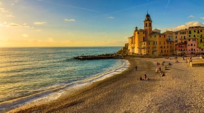 Genoa Camogli is a small village in Liguria on the shores of the Mediterranean Sea.   The beauty of land and sea at sunset, Genoa