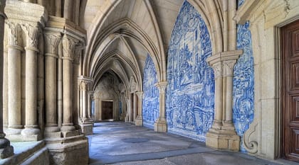 Cloisters at Porto Cathedral with azulejo tiles in Portugal