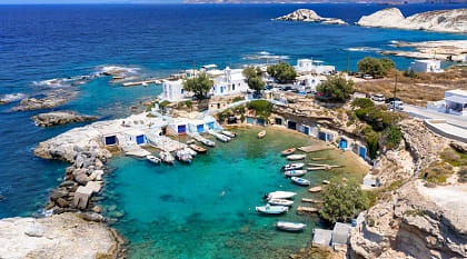 The Azure waters of the Milos promenade, one of the islands of the Western Cyclades