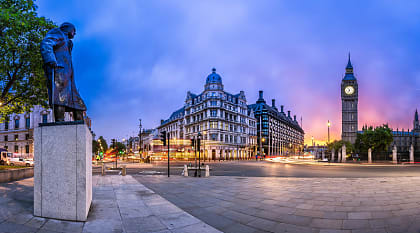 Parliament Square with statue of Winston Churchill in London, England