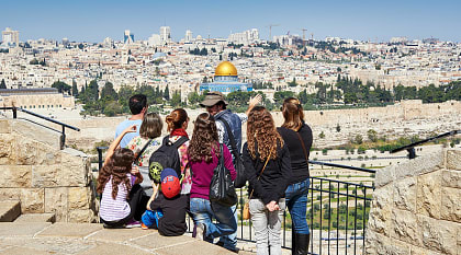 Family on a guided tour in Jerusalem, Israel