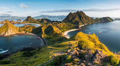 Padar island, in between Rinca and Komodo islands, from a viewpoint on Komodo island, Indonesia
