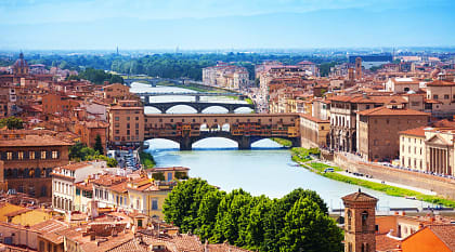 Panorama Arno river and Ponte Vecchio bridge, Florence, Italy