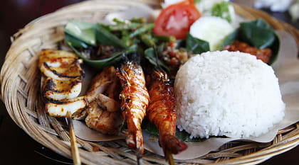 Seafood satay and rice in Bali,Indonesia
