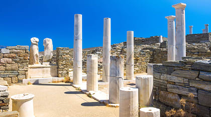 Ancient ruins in the island of Delos in Cyclades, one of the most important mythological, historical and archaeological sites in Greece