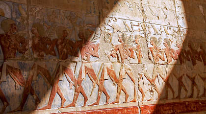 Egyptian hieroglyphs in side Queen Hatshepsut Temple in Valley of the Kings, Egypt