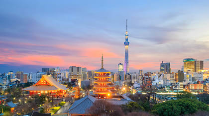 Tokyo skyline with Senso-ji temple and Tokyo Skytree at twilight in japan.