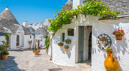White circular Trulli houses of Alberobello in the Puglia region of Italy