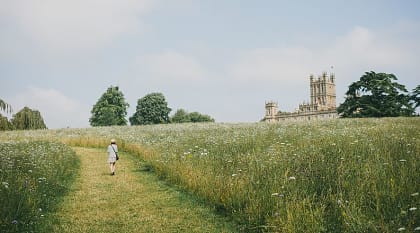 Visitor walking toward Highclere Castle through a wildflower field in Hampshire, England