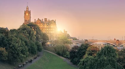Panoramic view of the sun setting in Edinburgh, Scotland
