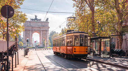 Tram with Arco della Pace in the background, Milan, Italy