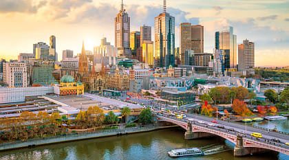 Melbourne city skyline at sunset