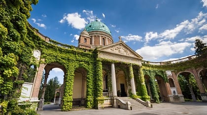 Vine covered entrance to Mirogoj cemetery in Zagreb, Croatia