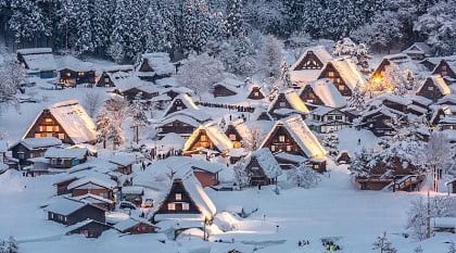 Traditional Japanese wood houses covered snow in Shirakawa-go