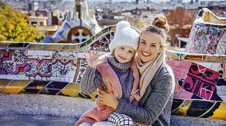 Mom and daughter at Park Guell in Barcelona, Spain Mom and daughter at Park Guell in Barcelona, Spain