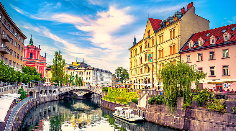 A canal weaving through old town Ljubljana. A canal weaving through old town Ljubljana.