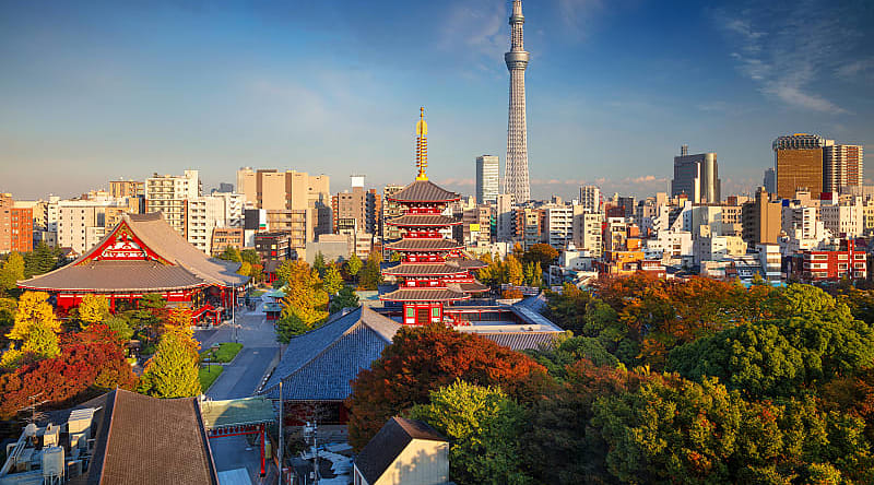 Heritage and modernity: Buddhist temples against the backdrop of a metropolis, Tokyo, Japan Heritage and modernity: Buddhist temples against the backdrop of a metropolis, Tokyo, Japan