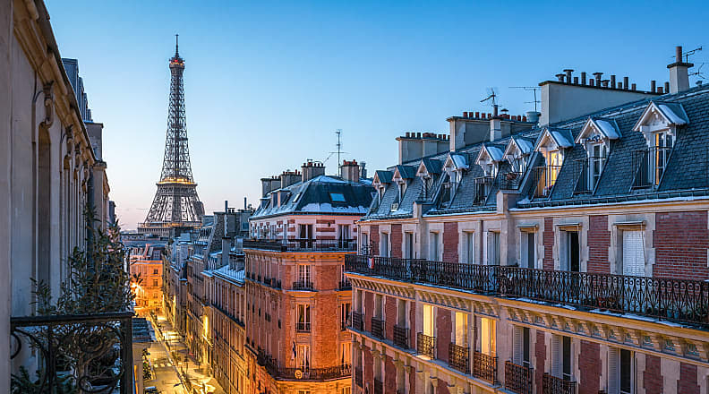 Paris, France Balconies and rooftops with a view of the Eiffel Tower Paris, France