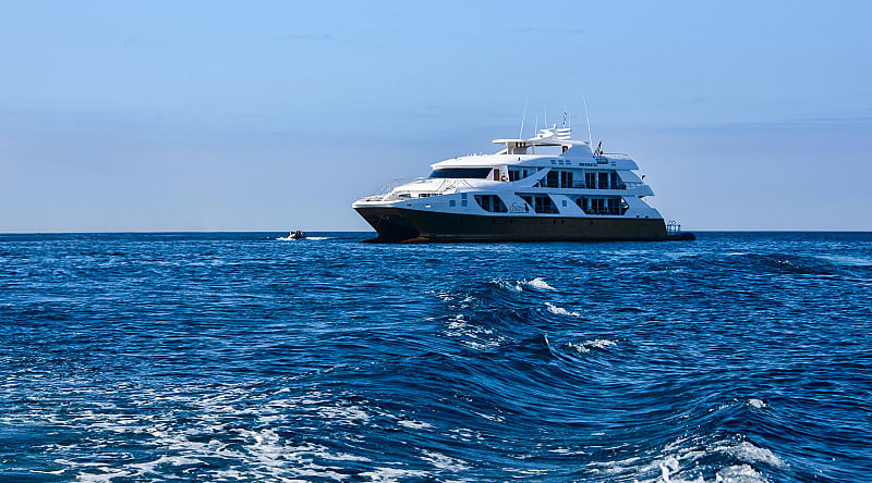 Luxury yacht in San Cristobol, Galapagos Luxury yacht in the bay a San Cristobol, Galapagos