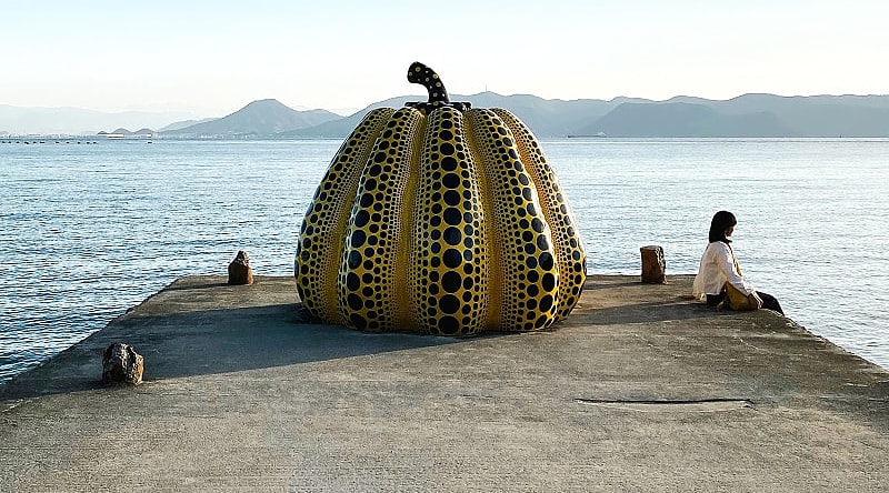 This yellow pumpkin sculpture, by Japanese artist Yayoi Kusama, located on the island of Naoshima, Japan. This yellow pumpkin sculpture, by Japanese artist Yayoi Kusama, located on the island of Naoshima, Japan.