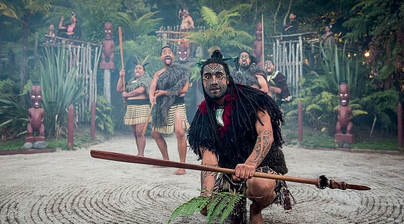 Maori Haka performers at Tamaki Mairi Village. Photo courtesy Tamaki Maori Village and Destination Rotorua Maori Haka performers at Tamaki Maori Village