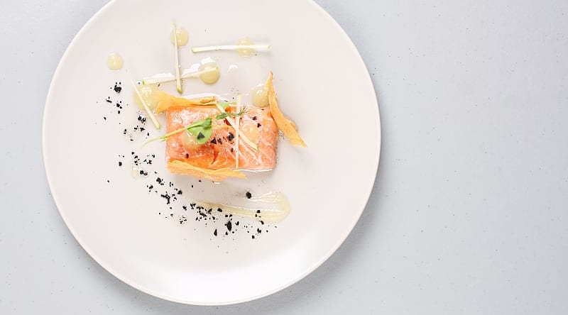 Smoked Salmon in Barcelona, Spain Smoked salmon and sauce cooked by molecular gastronomy technique in Barcelona, Spain