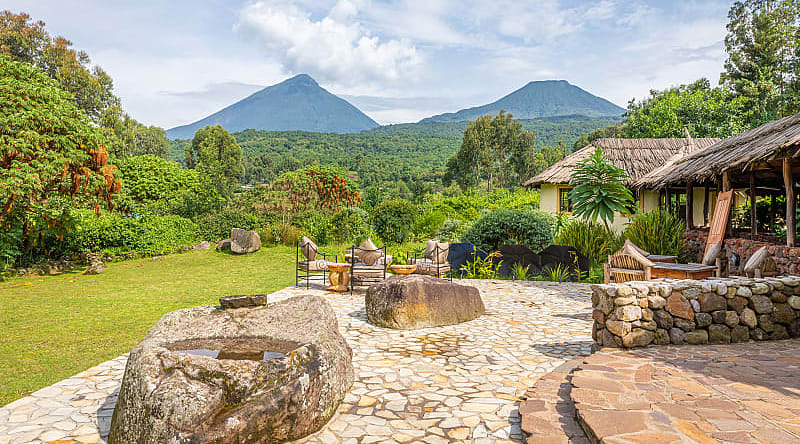 Mount Sabyinyo and Mount Gahinga, seen from a lodge in Volcanoes National Park Mount Sabyinyo and Mount Gahinga, seen from a lodge in Volcanoes National Park