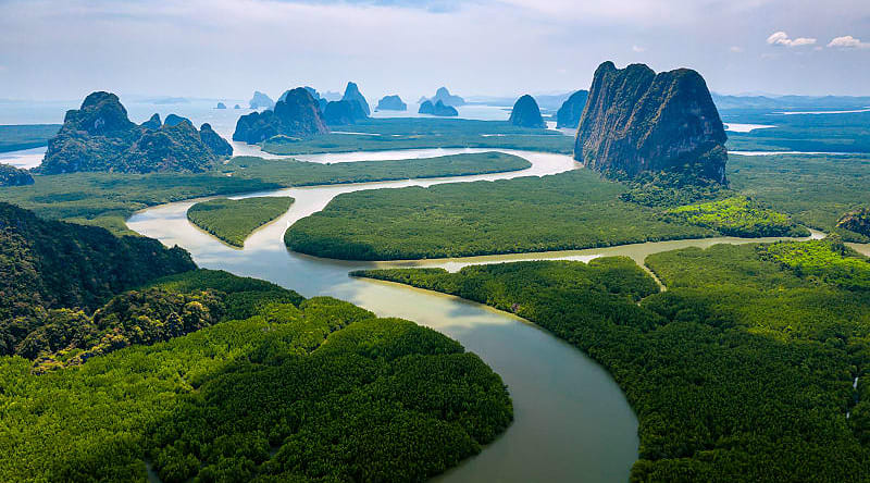Aerial view of towering limestone cliffs and mangrove forest in Phang Nga Bay, Thailand. Aerial view of towering limestone cliffs and mangrove forest in Phang Nga Bay, Thailand.