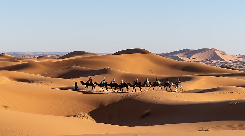 Camel ride through the Moroccan desert sand dunes Camel ride through the Moroccan desert sand dunes