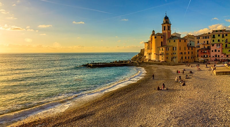 Genoa Camogli is a small village in Liguria on the shores of the Mediterranean Sea. The beauty of land and sea at sunset, Genoa Genoa Camogli is a small village in Liguria on the shores of the Mediterranean Sea. The beauty of land and sea at sunset, Genoa