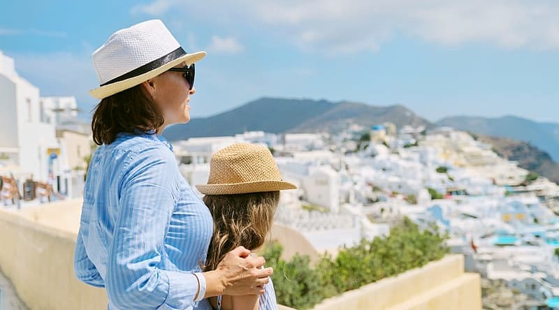 Family in Santorini, Greece Mother and daughter in Santorini, Greece