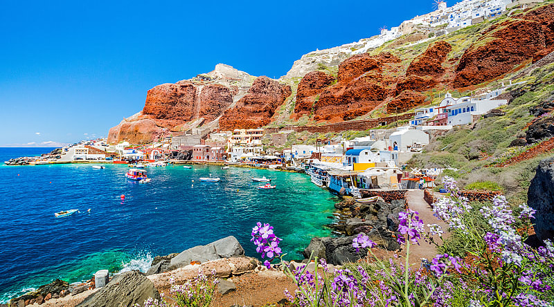 Santorini, Greece The old harbor of Ammoudi under Oia village on Santorini