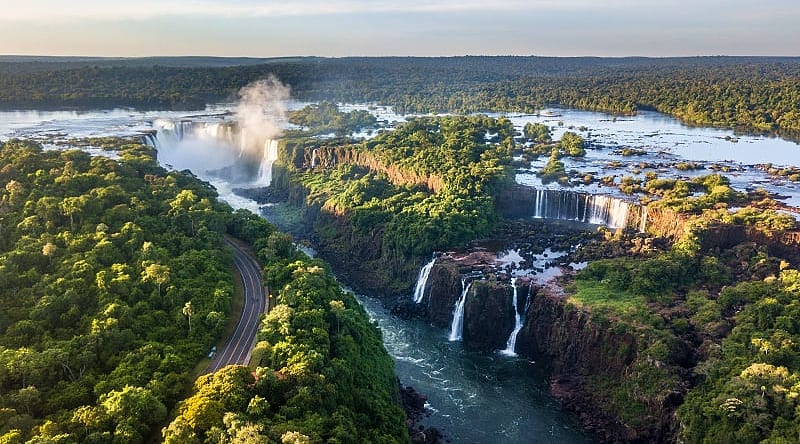 Explore Argentina's Capital, Natural World Wonder, and Patagonia - Iguazu Birdseye view of Iguazu River and Falls in Iguazu National Park, Argentina
