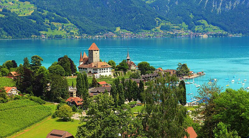 View of Spiez Castle on Lake Thun in Switzerland View of Spiez Castle on Lake Thun in Switzerland