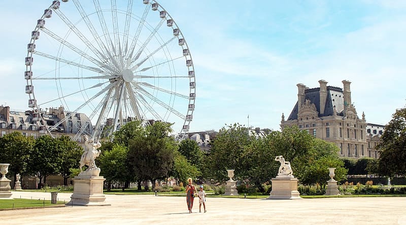 Mother and daughter walk in Paris Tuileries Garden, France