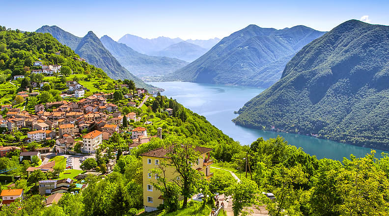 View to Lugano city, Lugano lake and Monte San Salvatore from Monte Bre, Ticino, Switzerland View to Lugano city, Lugano lake and Monte San Salvatore from Monte Bre, Ticino, Switzerland