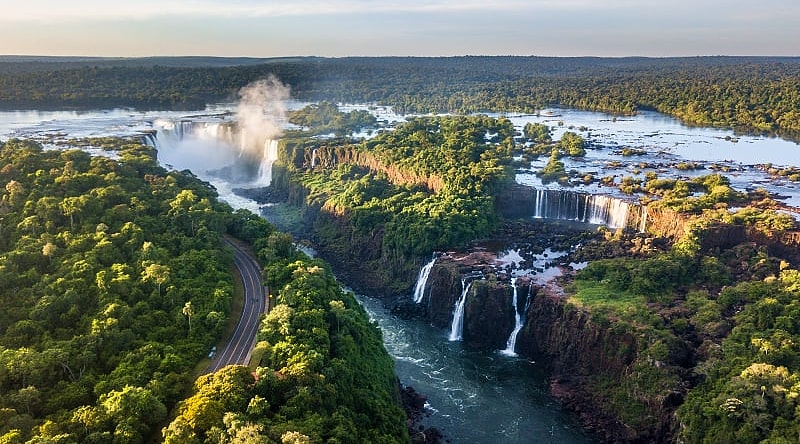 Explore Argentina's Capital, Natural World Wonder, and Patagonia - Iguazu Birdseye view of Iguazu River and Falls in Iguazu National Park, Argentina
