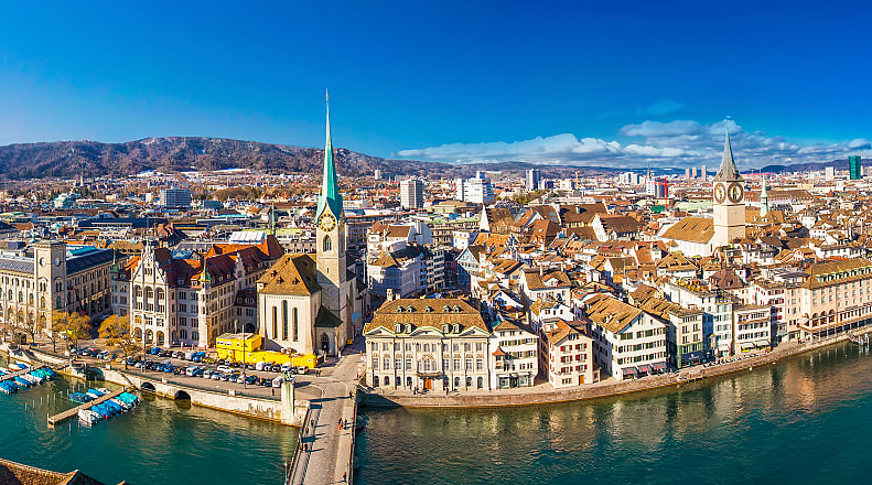 Historic city center of Zurich with famous Fraumünster church and the Limmat river in Switzerland