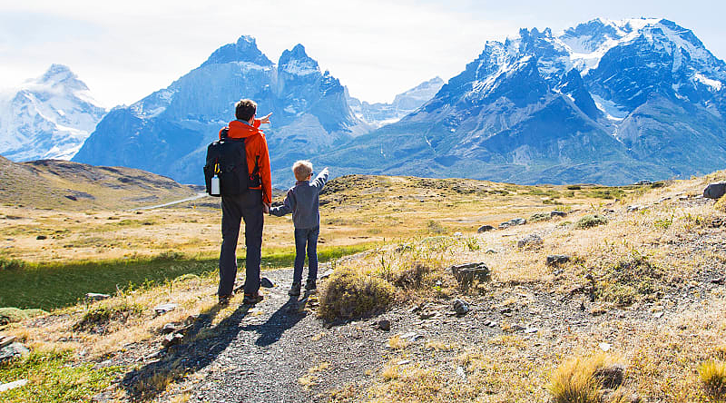 A family hiking at Torres del Paine National Park in Patagonia.