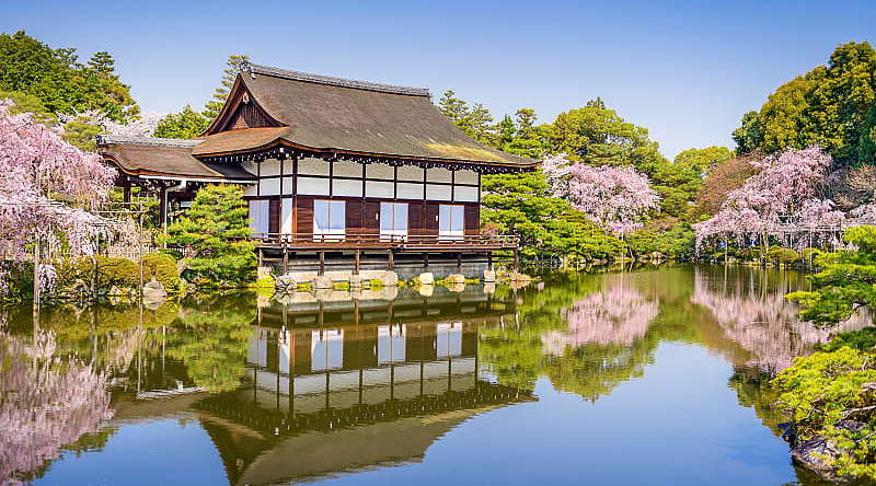 Spring Heian Shrine pond gardens in Kyoto, Japan